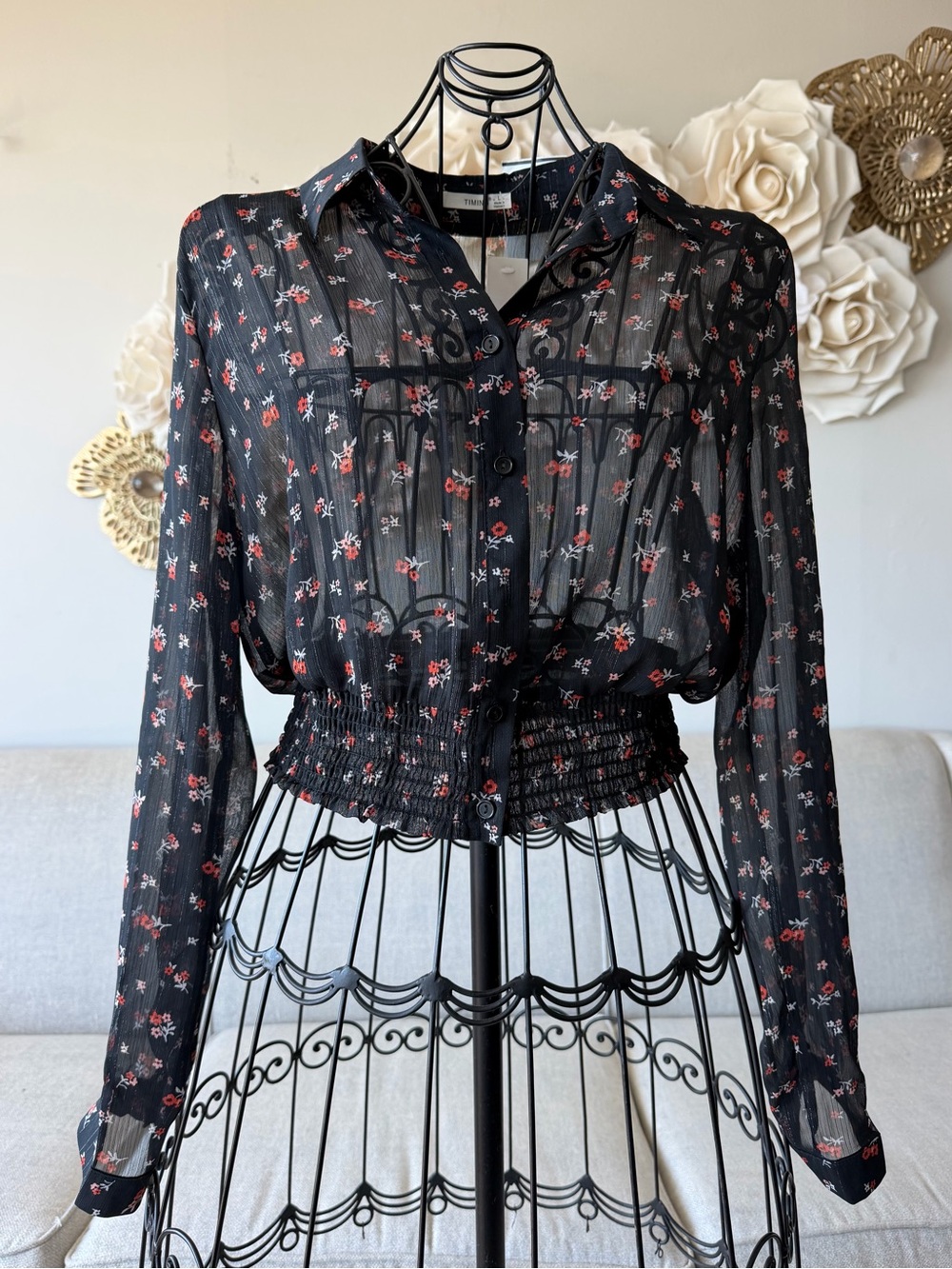 Timing Black Sheer Button-Down Blouse with Red Floral Print